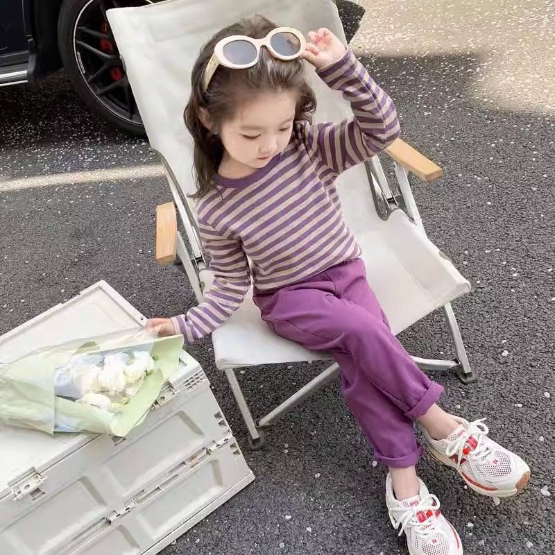 Internet celebrity big children's long-sleeved striped top and long pants two-piece set, trendy and fashionable, spring and autumn pure cotton suit for girls, western style