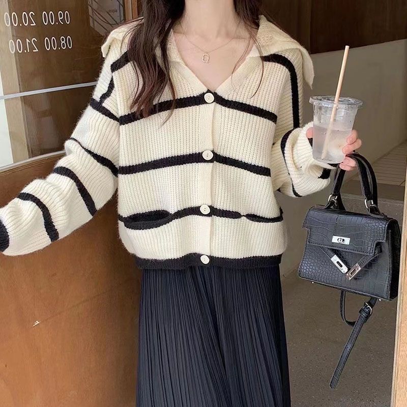 秋冬復古條紋日系長袖針織開衫女溫柔風甜美寬鬆時尚洋氣毛衣上衣