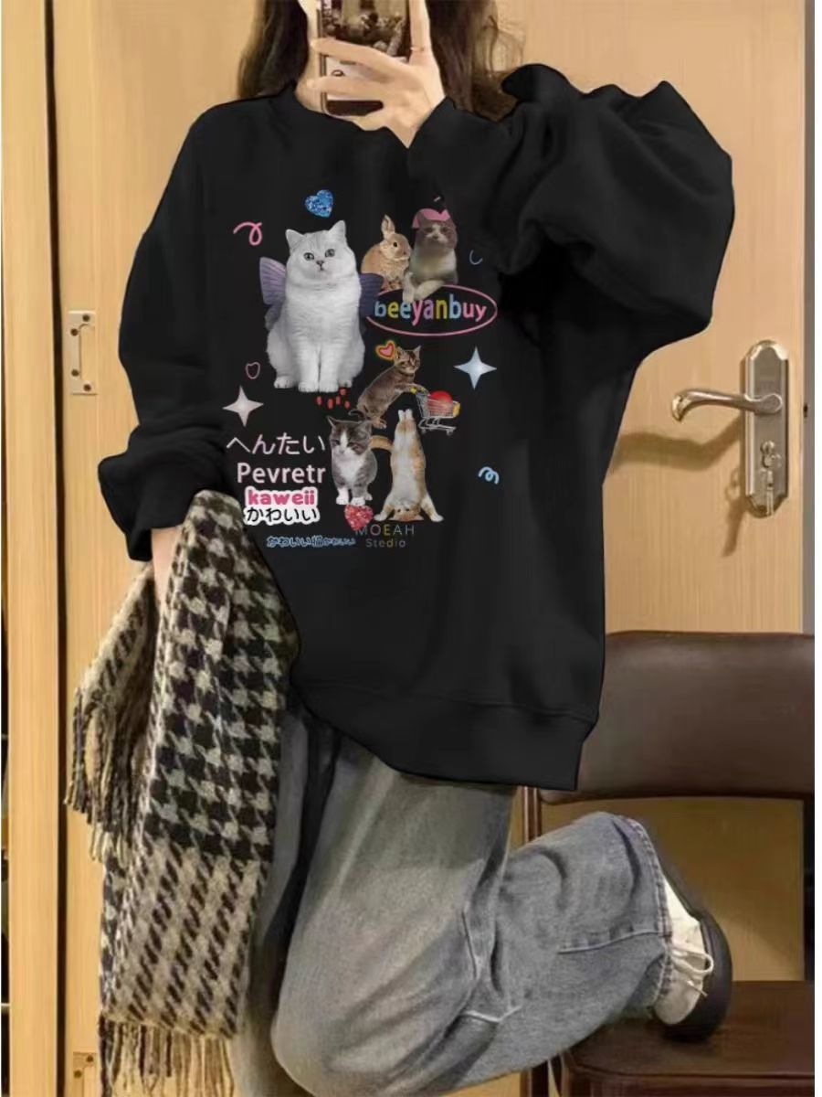 美式潮牌黑色圓領衛衣女無帽2023春秋季新款寬鬆慵懶百搭長袖上衣