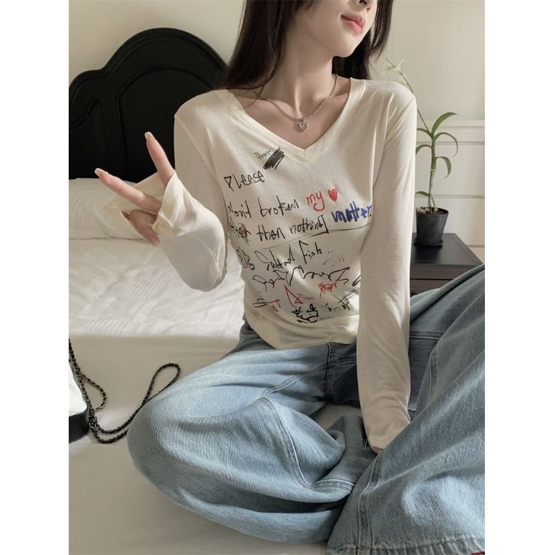 甜心保安~修身v領印花後露背ins設計長袖打底衫女甜辣別致上衣潮
