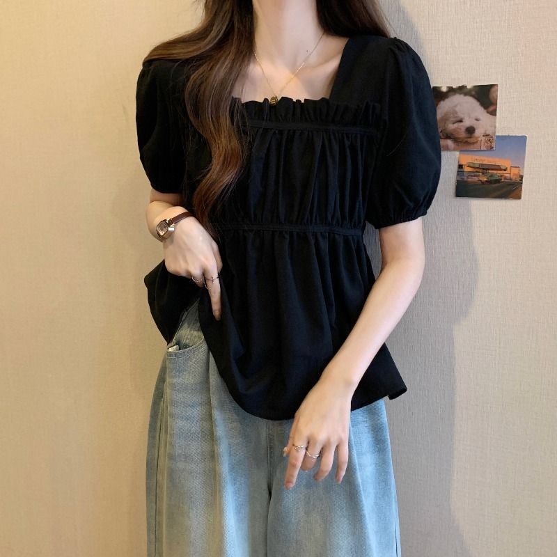 陌伯格大碼女裝方領壓褶短袖女夏季設計感寬鬆微遮肚上衣藏肉