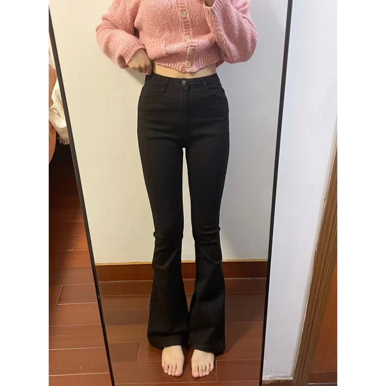 黑色微喇叭牛仔褲女修身顯瘦拖地加長款百搭水洗個性馬蹄褲歐美風