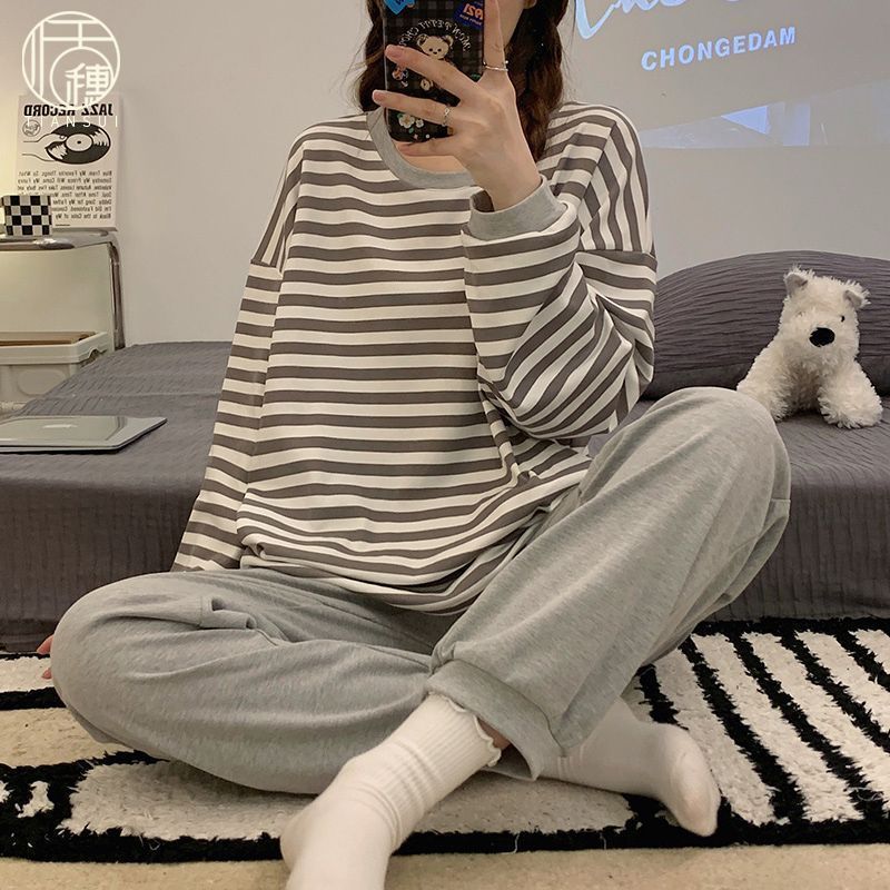 新款睡衣女2023年春秋季長袖純棉韓版套裝條紋網紅爆款家居服大碼