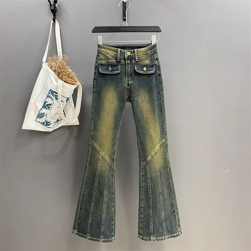 網紅熱賣復古高腰牛仔微喇褲2023秋新款小眾設計感提臀修身喇叭褲