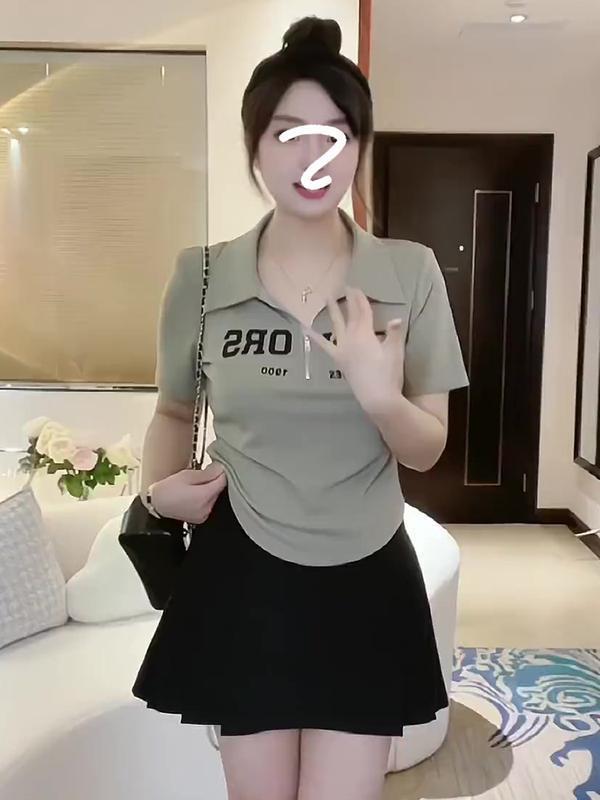 陌伯格大碼設計感Polo領拉鏈正肩短袖t恤女夏季新款修身顯瘦上衣