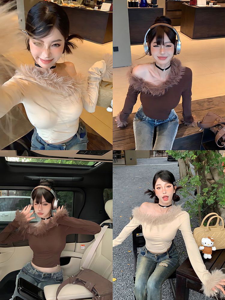 美式辣妹鎖骨露肩長袖T恤女秋季毛毛拼接不規則修身短款露臍上衣