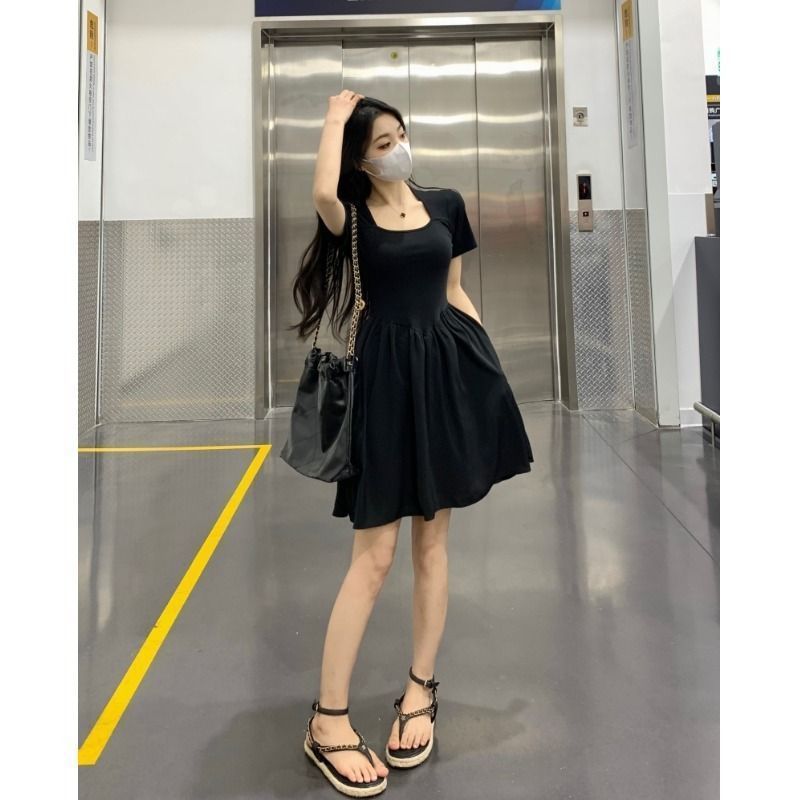 陌伯格大码胖mm2023夏季女装新款裙子黑色连衣裙高腰显瘦a字裙