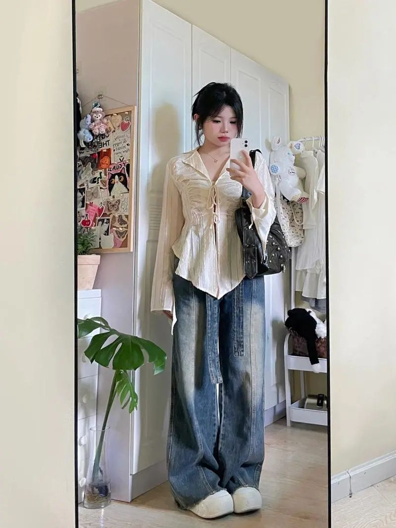 美式復古做舊牛仔褲女2023秋季設計感高腰毛邊直筒寬鬆闊腿褲子潮