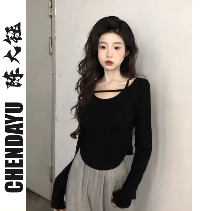 純欲風辣妹白色長袖T恤女夏季2023新款不規則鏤空修身百搭上衣潮