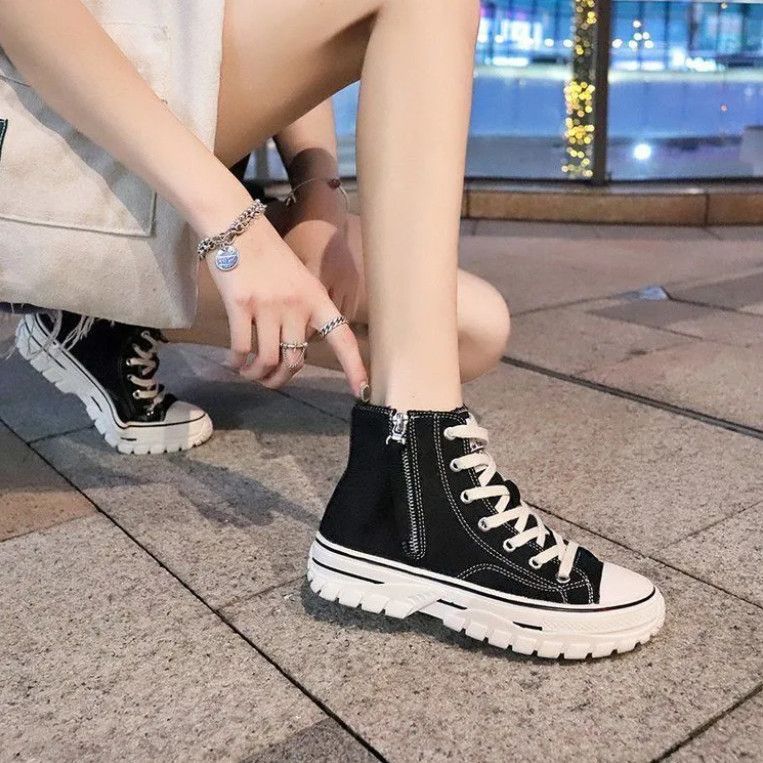 帆布鞋女2023春秋新款港風百搭薄款透氣夏季休閒運動輕便高幫潮鞋