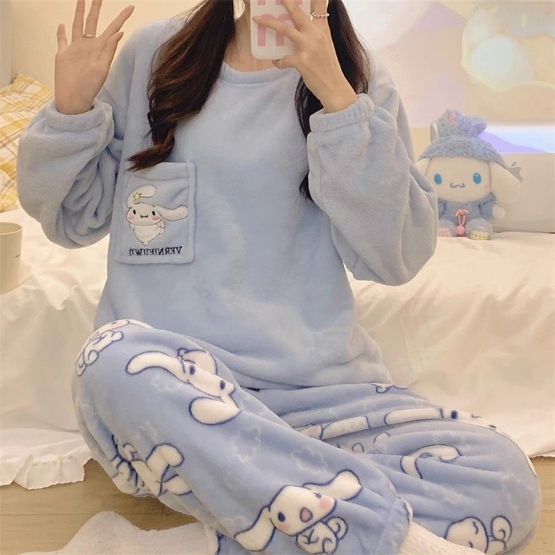 睡衣女秋冬季珊瑚絨加厚加絨保暖ins風法蘭絨家居服大碼寬鬆套裝