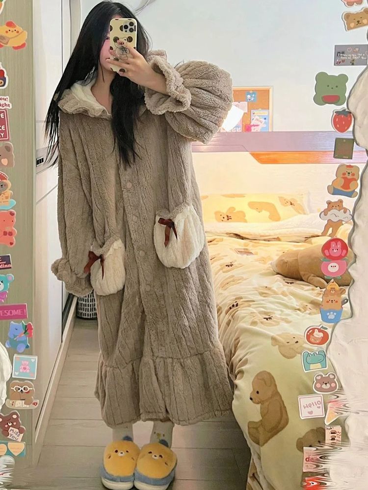 Coral velvet Korean style hooded nightgown for women autumn and winter 2023 new sweet girl home wear bathrobe nightgown