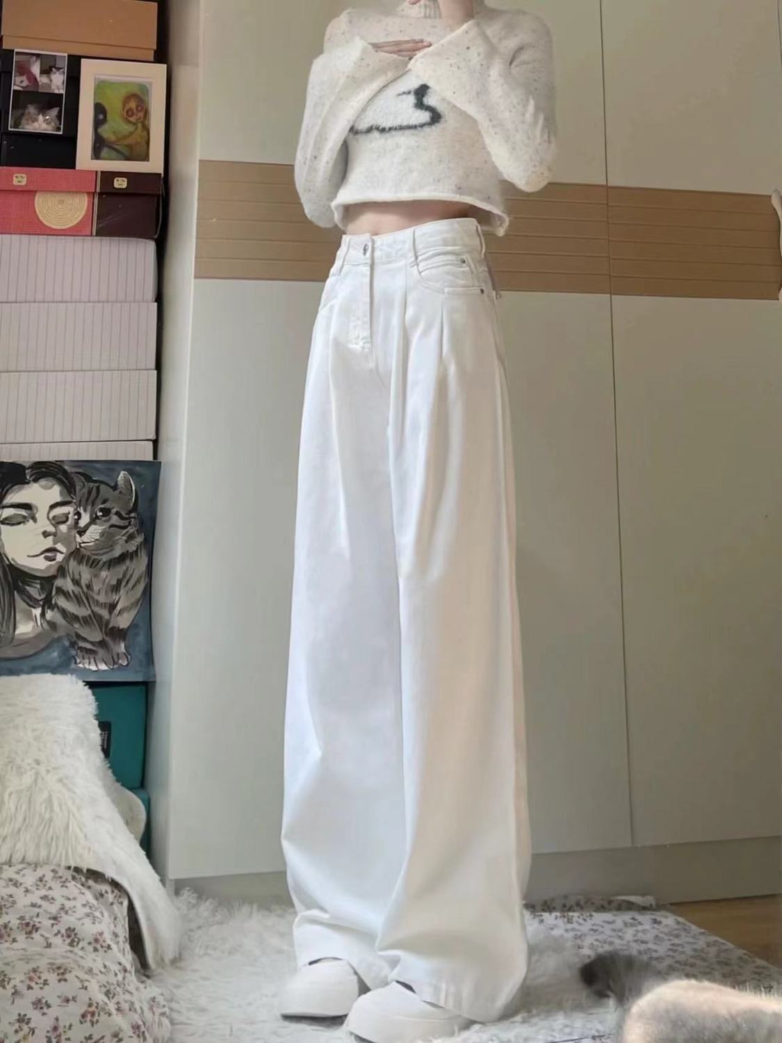 美式復古白色闊腿牛仔褲女秋季高腰顯瘦寬鬆直筒垂感休閒拖地長褲