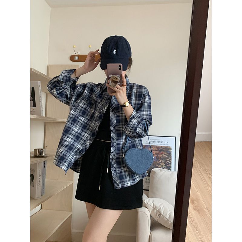 寬鬆長袖韓系慵懶風格子襯衫女休閒設計感復古秋冬季上衣外套開衫