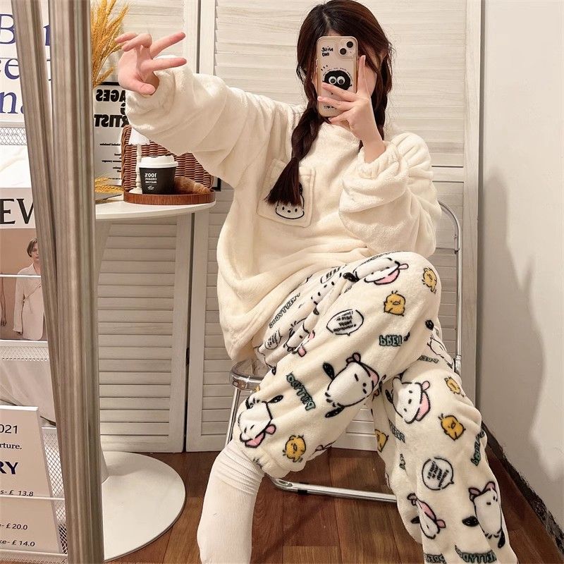 睡衣女秋冬季珊瑚絨加厚加絨卡通休閒保暖可外穿冬天家居服套裝