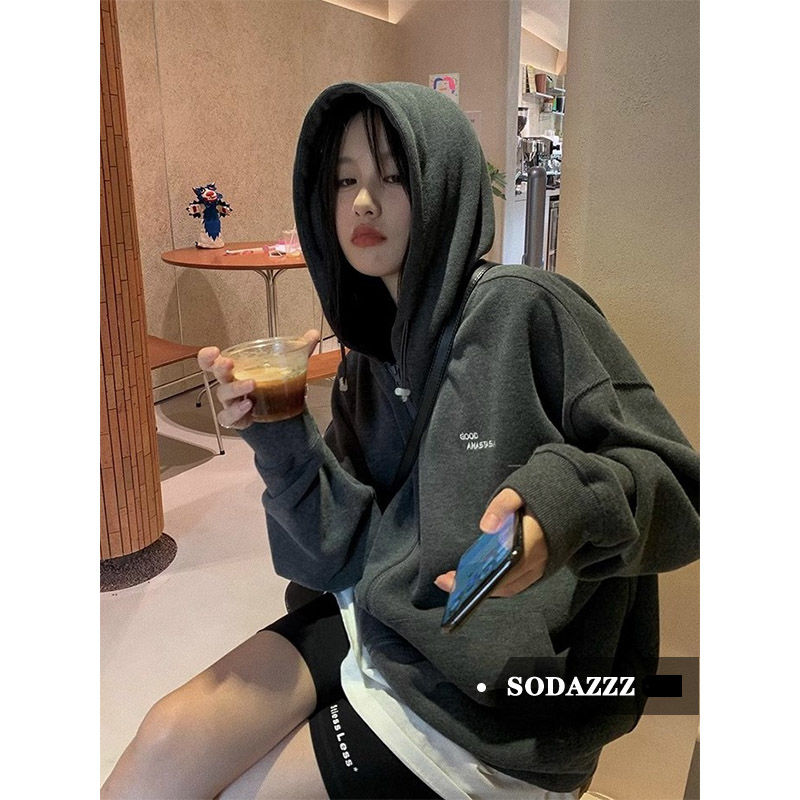 SODAZZZ美式連帽衛衣外套女春秋新款字母印花寬鬆中長款長袖上衣