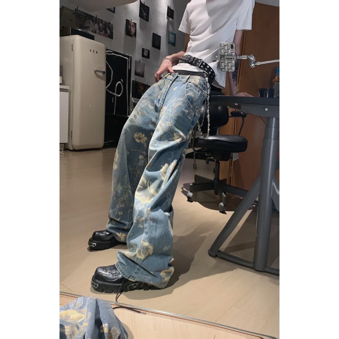 American Retro Flower Pattern Straight Jeans Men's Trendy Versatile Loose Wide Leg Pants Pattern Xiao Yang Ge