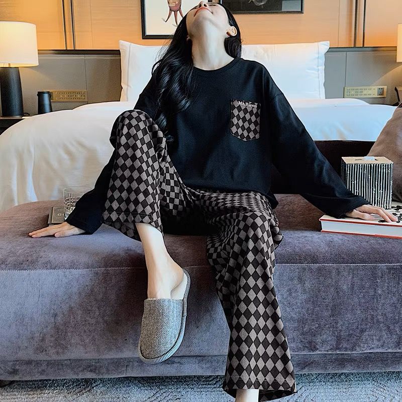 帶胸墊100%純棉睡衣女純棉長袖春秋季韓版可外穿夏全棉家居服套裝