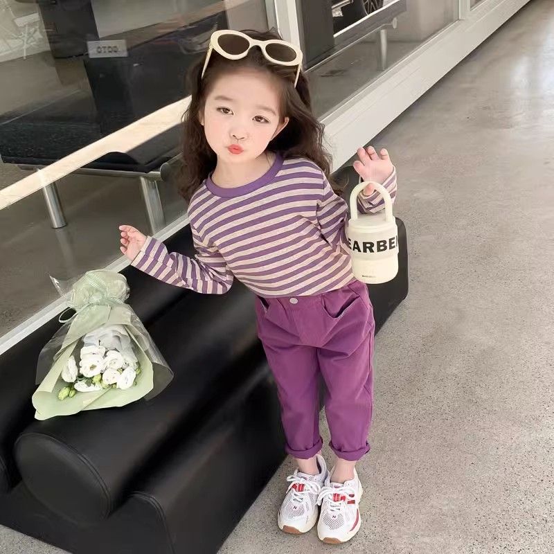 Internet celebrity big children's long-sleeved striped top and long pants two-piece set, trendy and fashionable, spring and autumn pure cotton suit for girls, western style