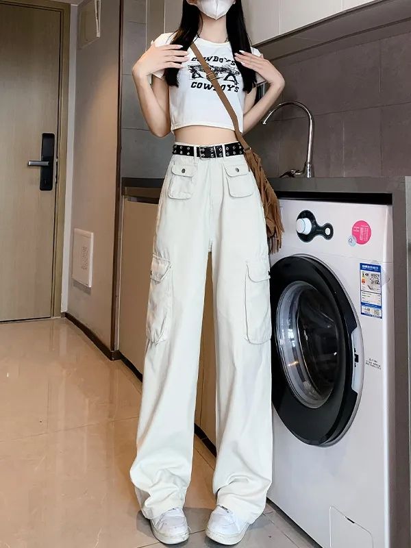 白色美式工裝牛仔褲女2023年新款秋季高腰寬鬆顯瘦垂感闊腿拖地褲