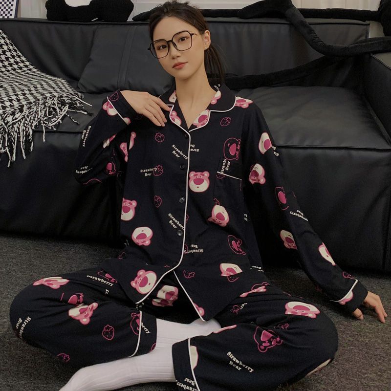 ins韓國可愛草莓熊睡衣女春秋長袖長褲純棉甜美兩件套學生家居服