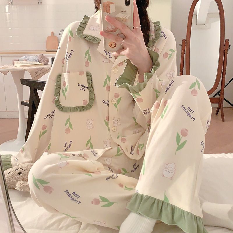 新款睡衣女春秋季長袖長褲套裝冬天ins風韓版甜美可愛外穿家居服