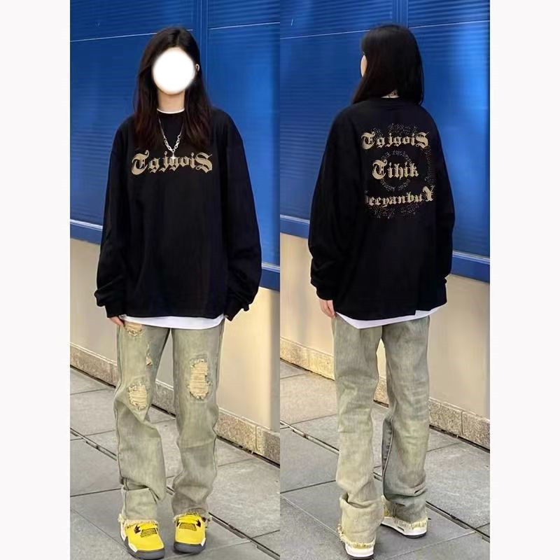 美式潮牌hiphop嘻哈圓領衛衣女春秋薄款原創設計小眾休閒上衣外穿