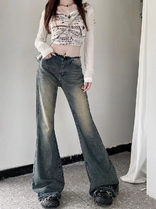 美式復古低腰毛邊微喇牛仔褲女2023春秋新款辣妹修身顯瘦拖地褲潮