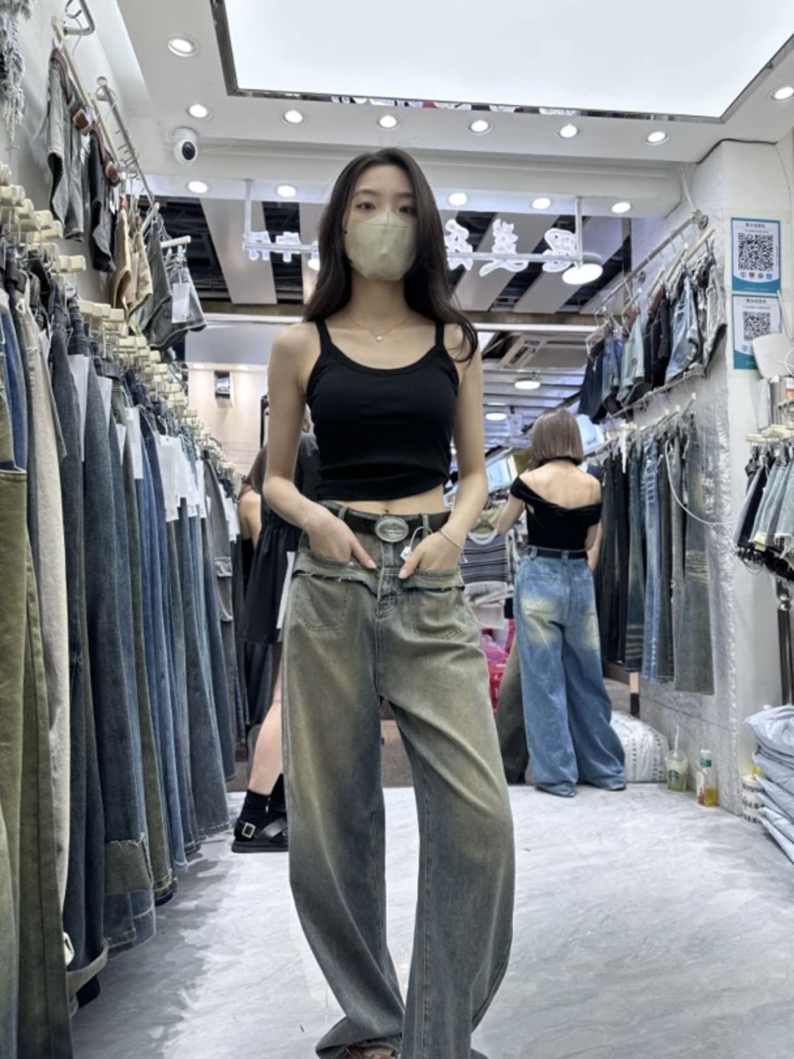 流行假兩件磨破漸變色牛仔褲女2023早秋款高腰修身寬鬆闊腿長褲潮