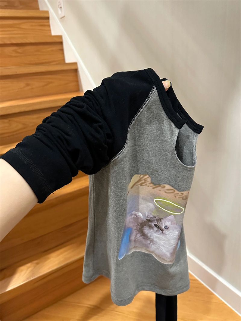 撞色顯身材拼接露鎖骨ins風長袖女早秋卡通貓咪印花可愛甜辣上衣