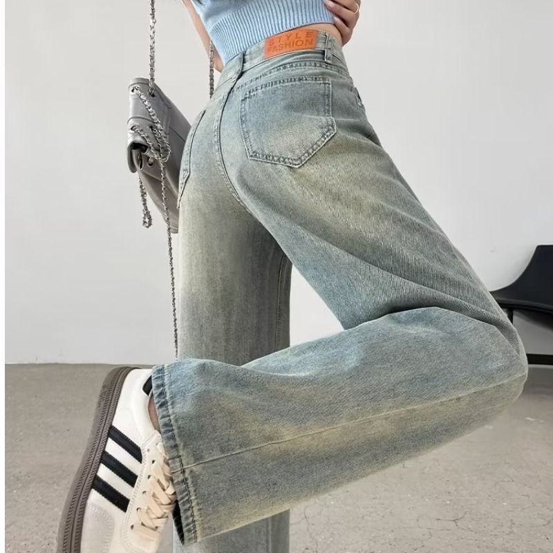 美式復古闊腿牛仔褲女秋季新款大碼胖MM高腰顯瘦寬鬆直筒拖地褲子