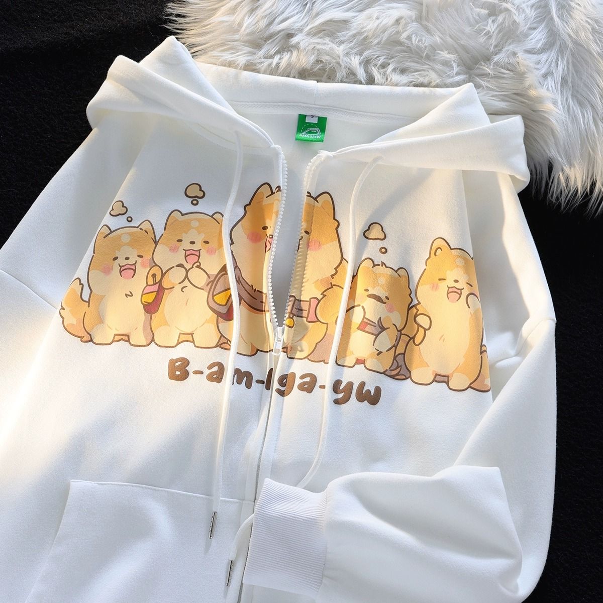 日系卡通可愛小柴犬印花開衫連帽衛衣男女秋冬季潮流百搭情侶外套