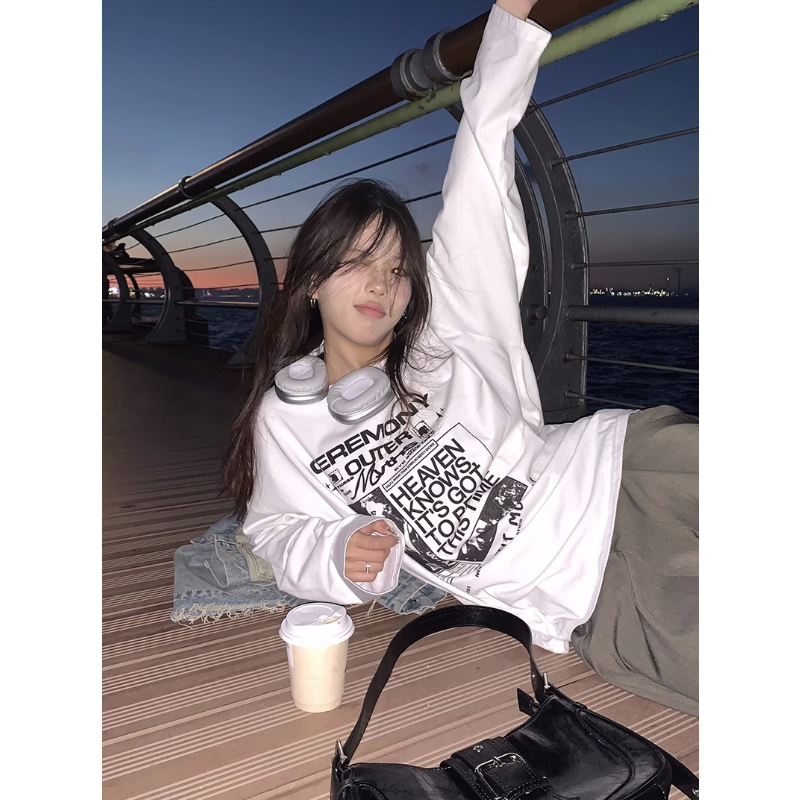 100%純棉美式復古報紙印花長袖t恤春秋季新款oversize潮牌上衣女