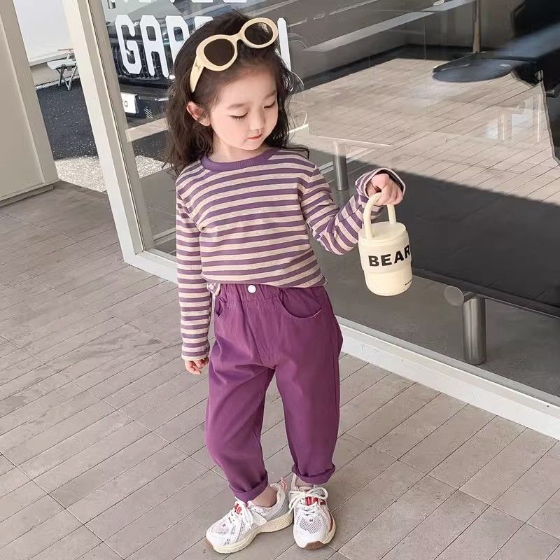 Internet celebrity big children's long-sleeved striped top and long pants two-piece set, trendy and fashionable, spring and autumn pure cotton suit for girls, western style