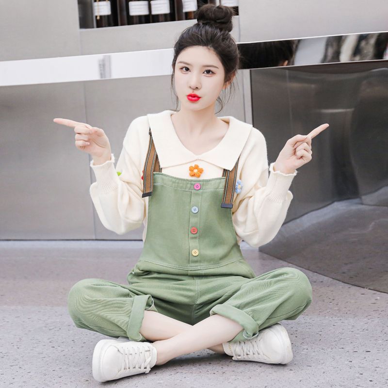 牛仔背帶褲女秋冬時尚酷鹽系寬鬆小個子設計感吊帶褲毛衣兩件套裝