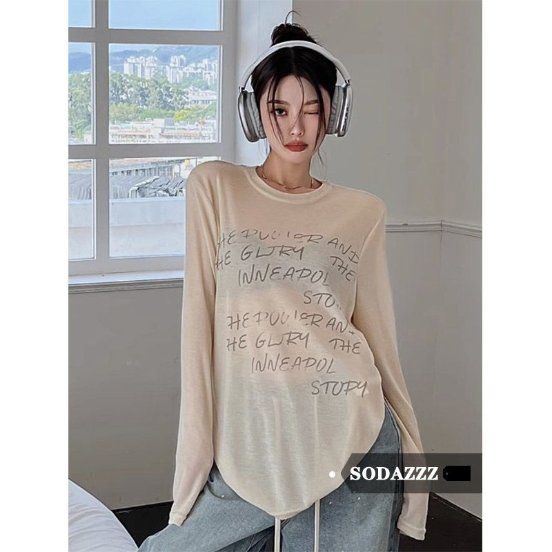 SODAZZZ字母印花長袖防曬罩衫t恤女春秋美式寬鬆中長款上衣外搭潮