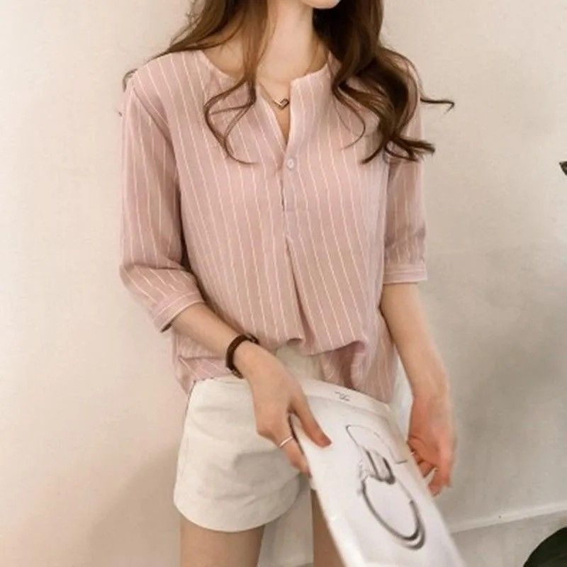 Summer new Korean style fashion large size round neck striped shirt women's three-quarter sleeve top loose casual shirt