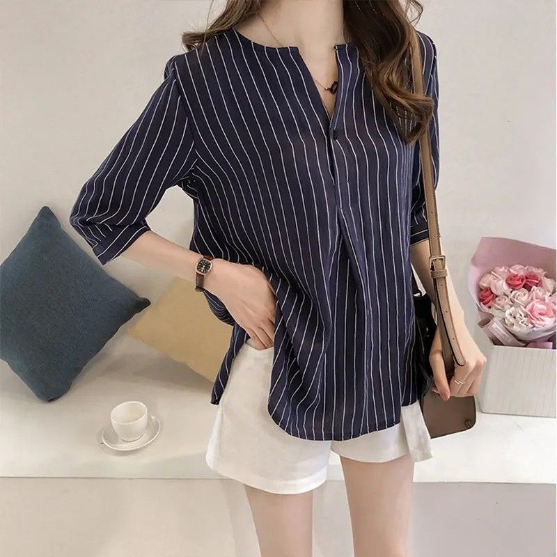 Summer new Korean style fashion large size round neck striped shirt women's three-quarter sleeve top loose casual shirt