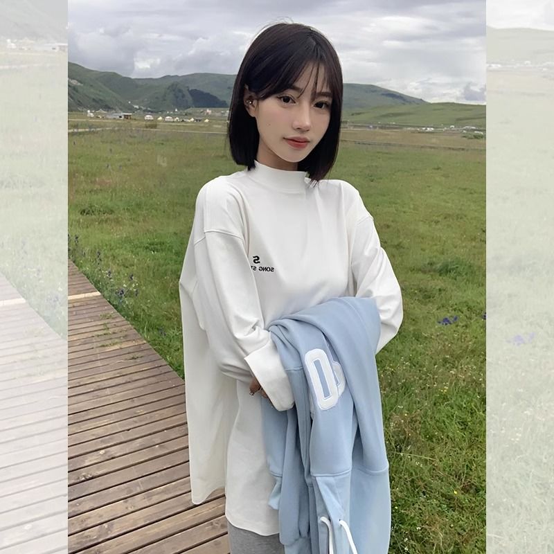 德絨半高領打底衫女秋冬季新款寬鬆長袖t恤女內搭疊穿加絨上衣ins