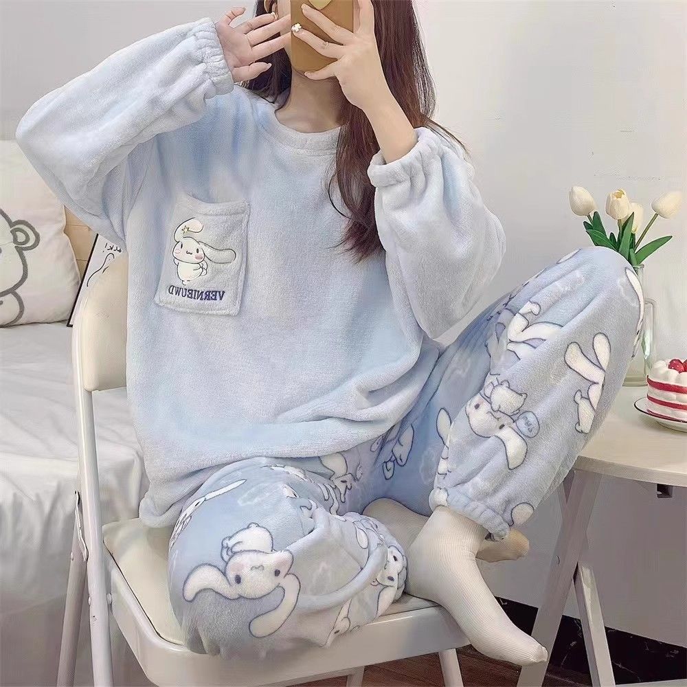 睡衣冬季女款珊瑚絨加厚加絨長袖可愛寬鬆法蘭絨家居服套裝可外穿
