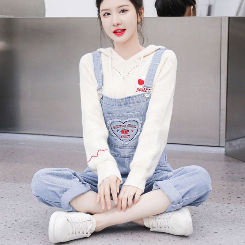 牛仔背帶褲套裝女秋冬新款韓版寬鬆可愛學生減齡小個子直筒連體褲