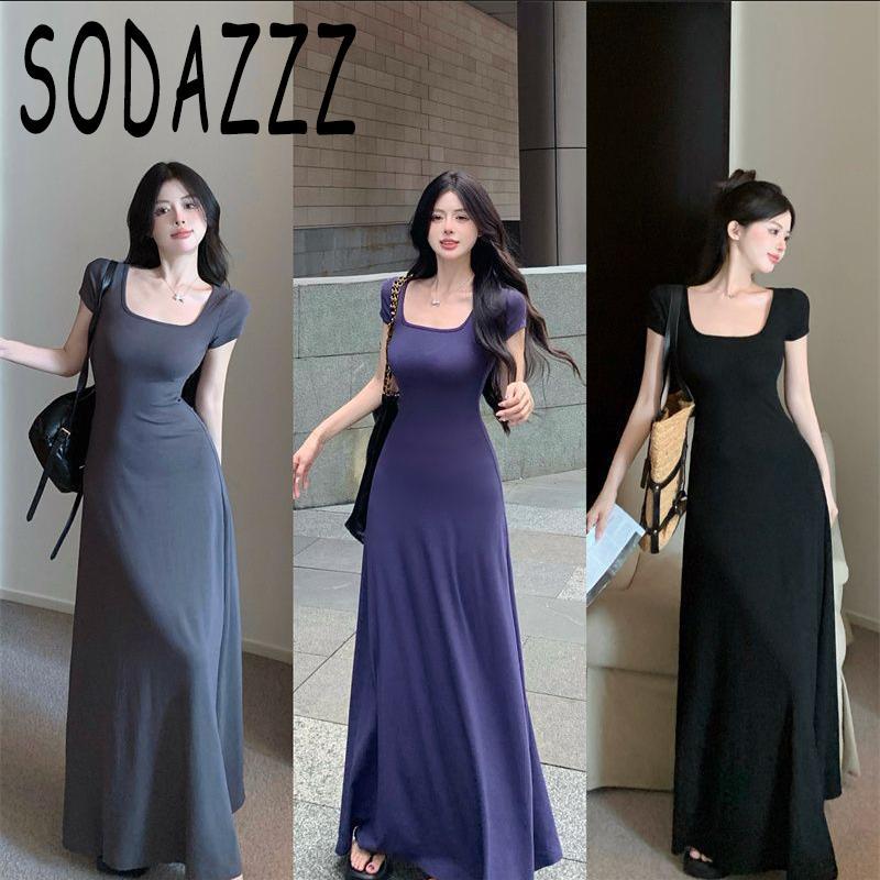 SODAZZZ大碼法式方領藍色短袖T恤連衣裙女夏季氣質長裙a字裙子