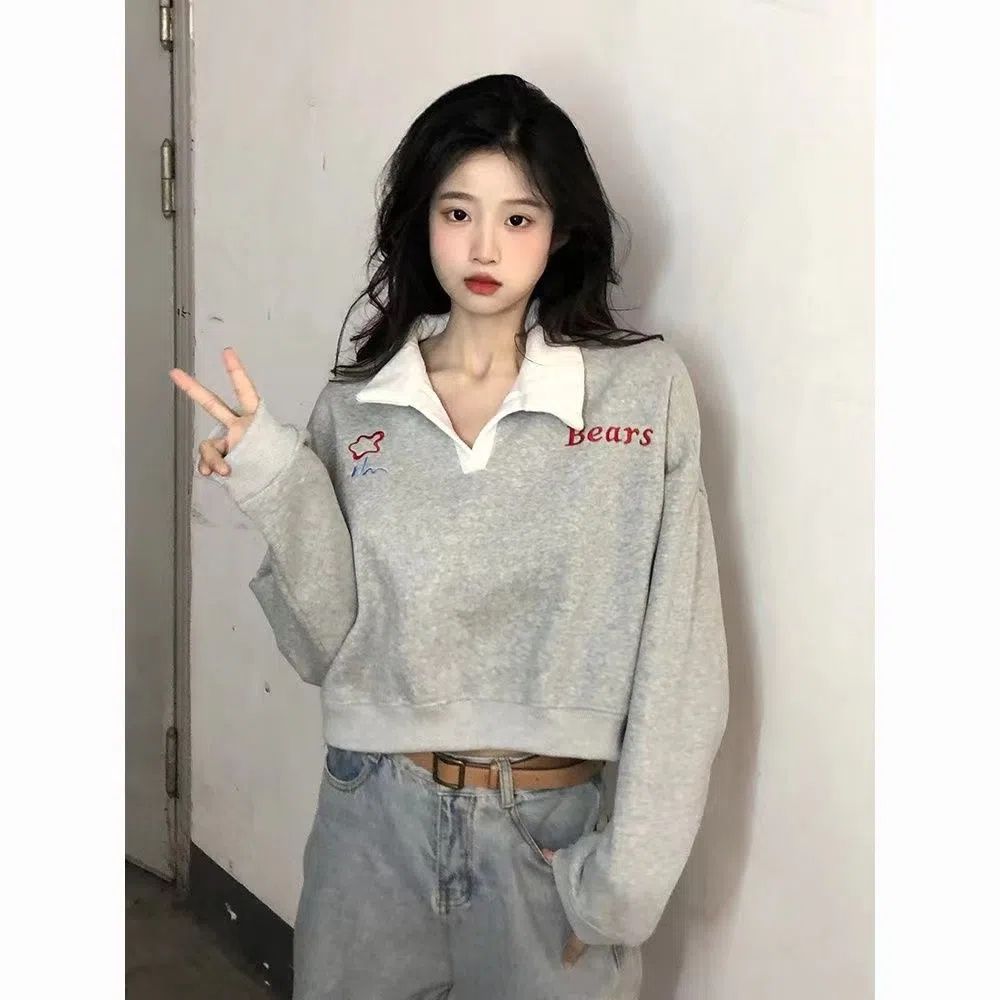 美式復古撞色polo領字母2023繡花網紅衛衣女春秋款小個子短款上衣