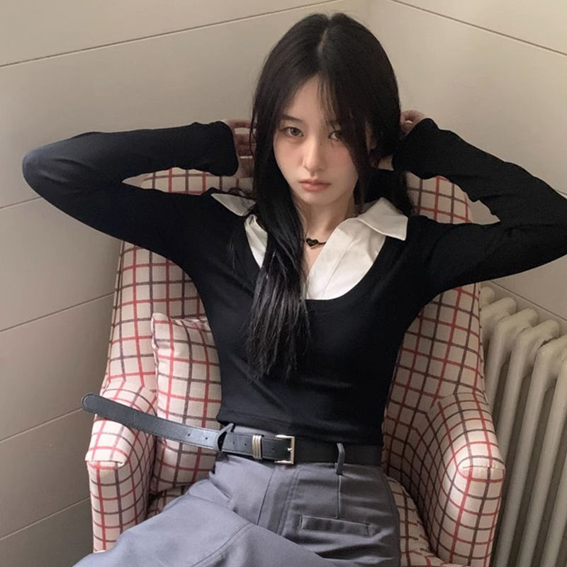 甜辣妹假兩件拼接襯衫長袖T恤女秋季修身顯瘦內搭打底衫短款上衣