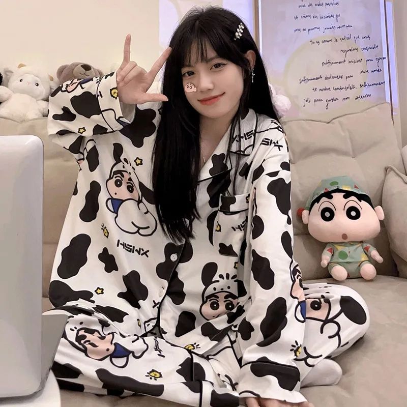 睡衣女長袖長褲春秋季薄款蠟筆小新卡通日系涼爽家居服套裝夏天