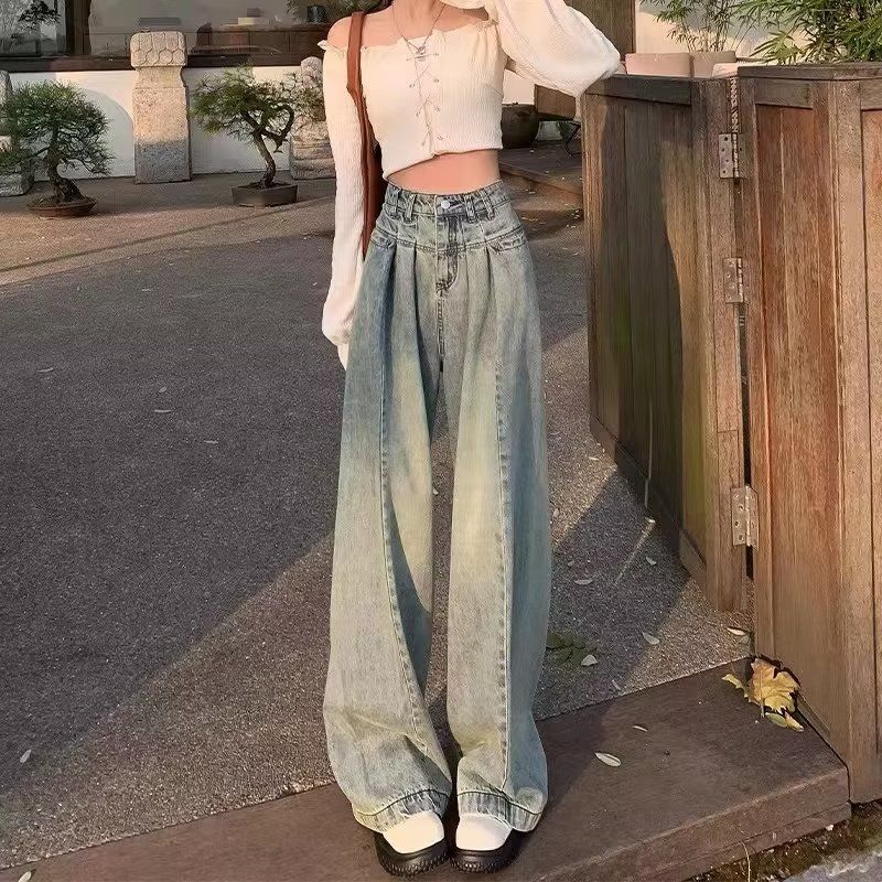 復古做舊闊腿牛仔褲女秋季韓版設計感高腰顯瘦垂感寬鬆拖地直筒褲