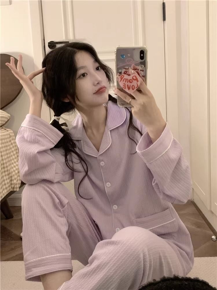香芋紫睡衣女春秋季2023年新款纯棉长袖简约可外穿口袋家居服套装