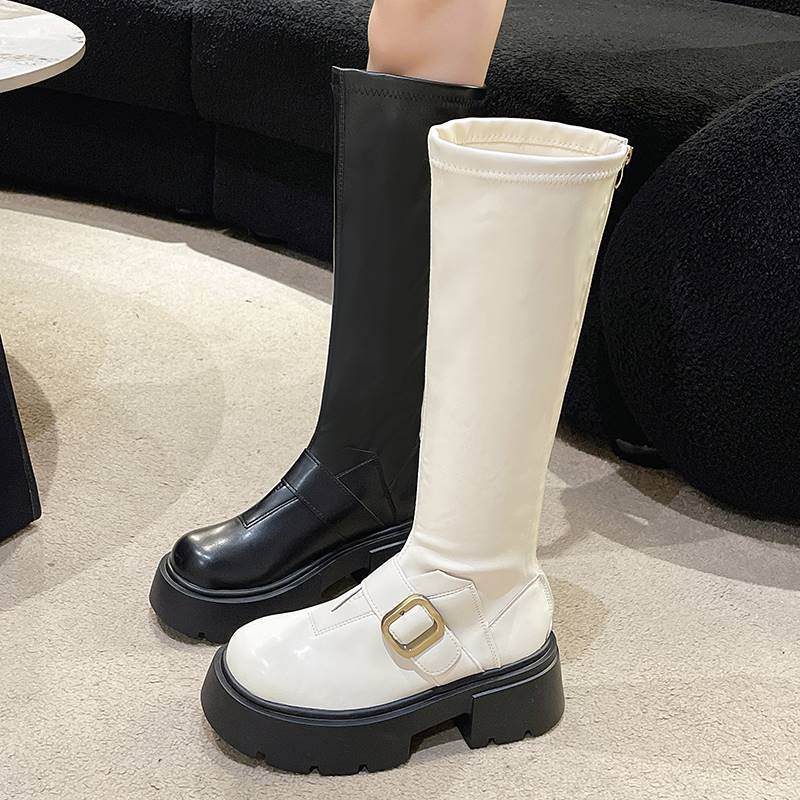 White little heightening thick-soled boots for women 2023 autumn fashion belt buckle thick heel no-knee knight boots