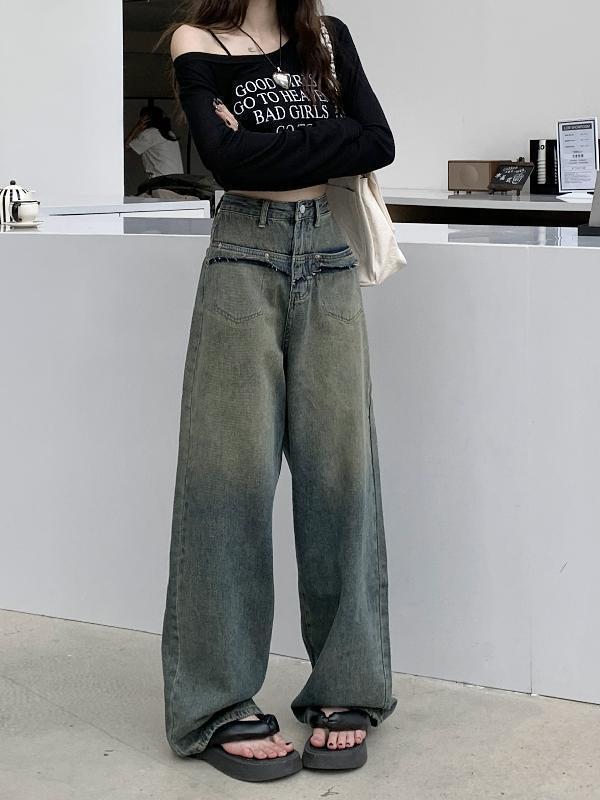 美式復古做舊直筒牛仔褲女秋季長褲拖地褲設計感高腰寬鬆闊腿長褲