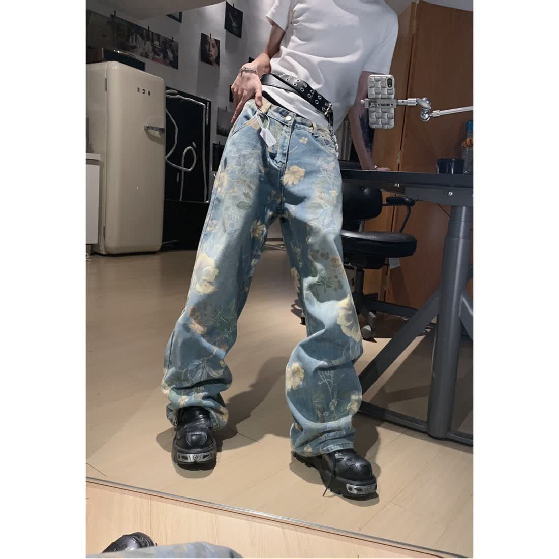 American Retro Flower Pattern Straight Jeans Men's Trendy Versatile Loose Wide Leg Pants Pattern Xiao Yang Ge